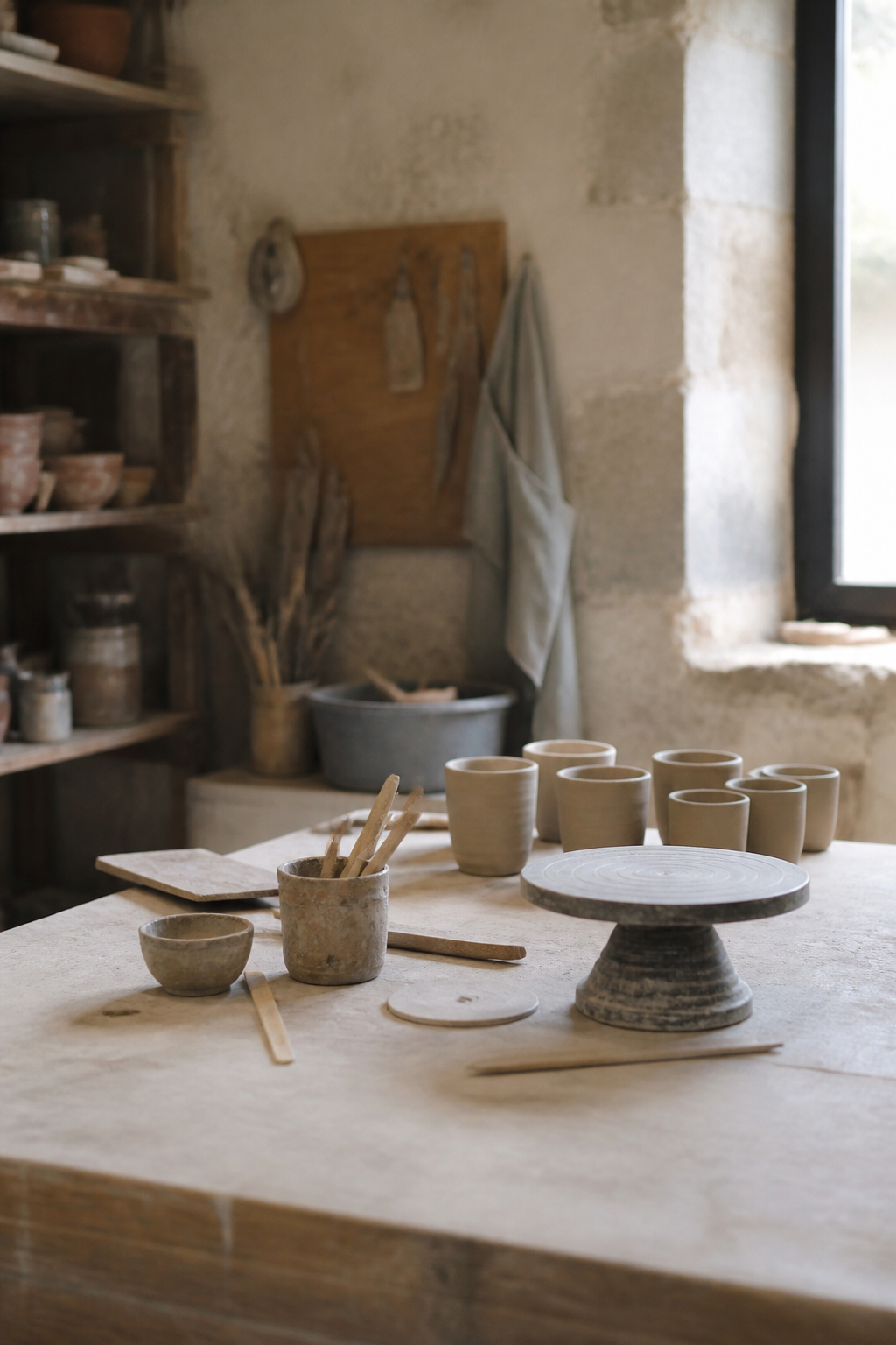 Établi d'atelier artisanal en Haute-Provence : outils à main, moules et pièces en cours de finition posés sur un plan de travail en bois