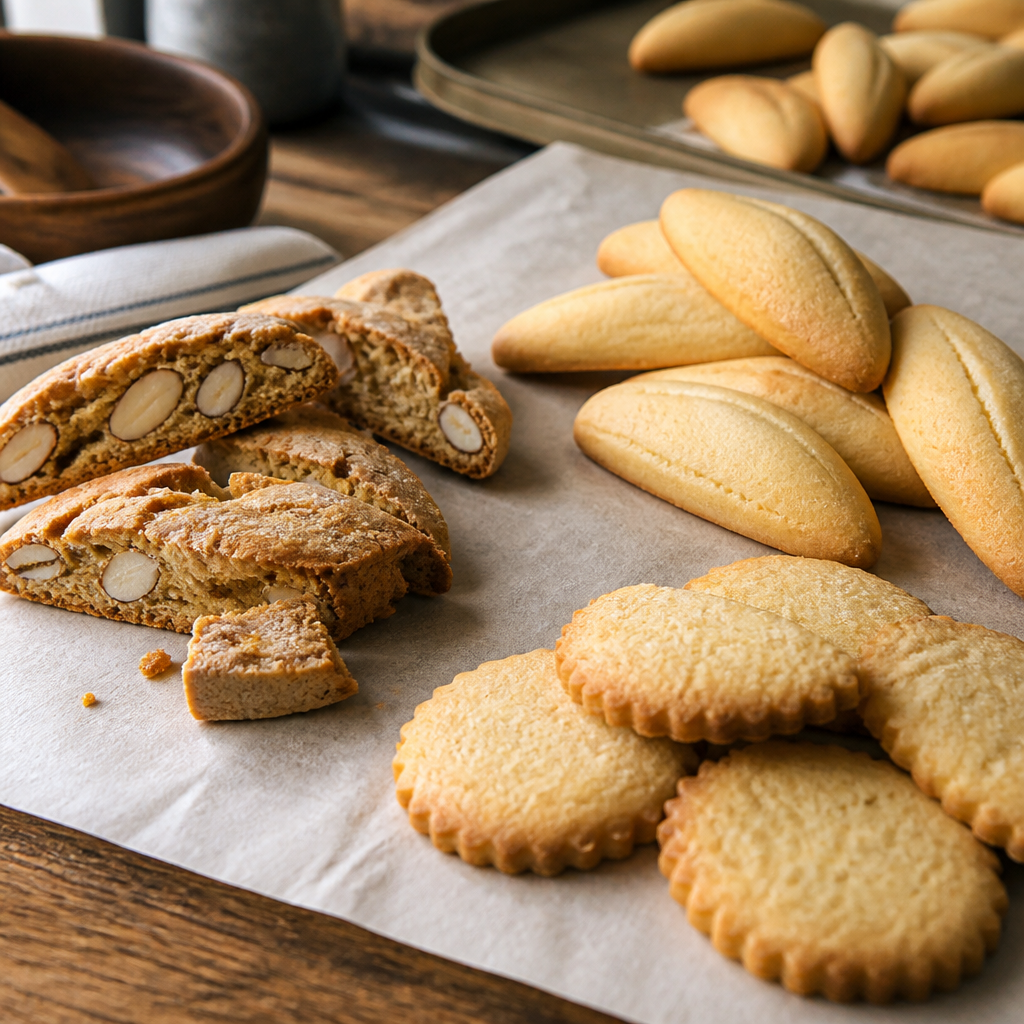 Plateau de biscuits provençaux artisanaux : croquants aux amandes, navettes et sablés disposés sur un papier de cuisson
