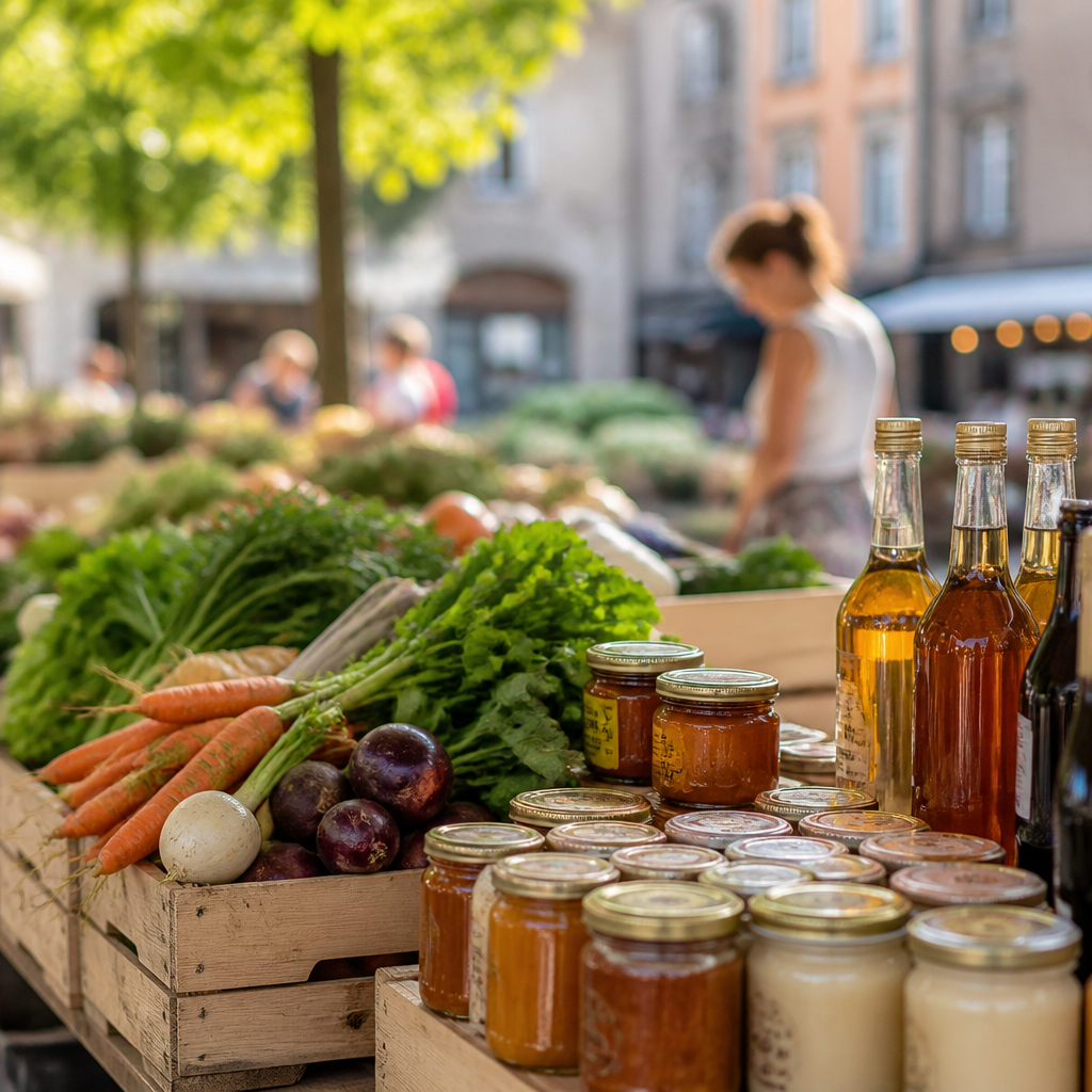 Étal de marché de producteurs à Digne-les-Bains : cagettes de légumes de saison, bocaux de miel, bouteilles d'huile d'olive et fromages de chèvre