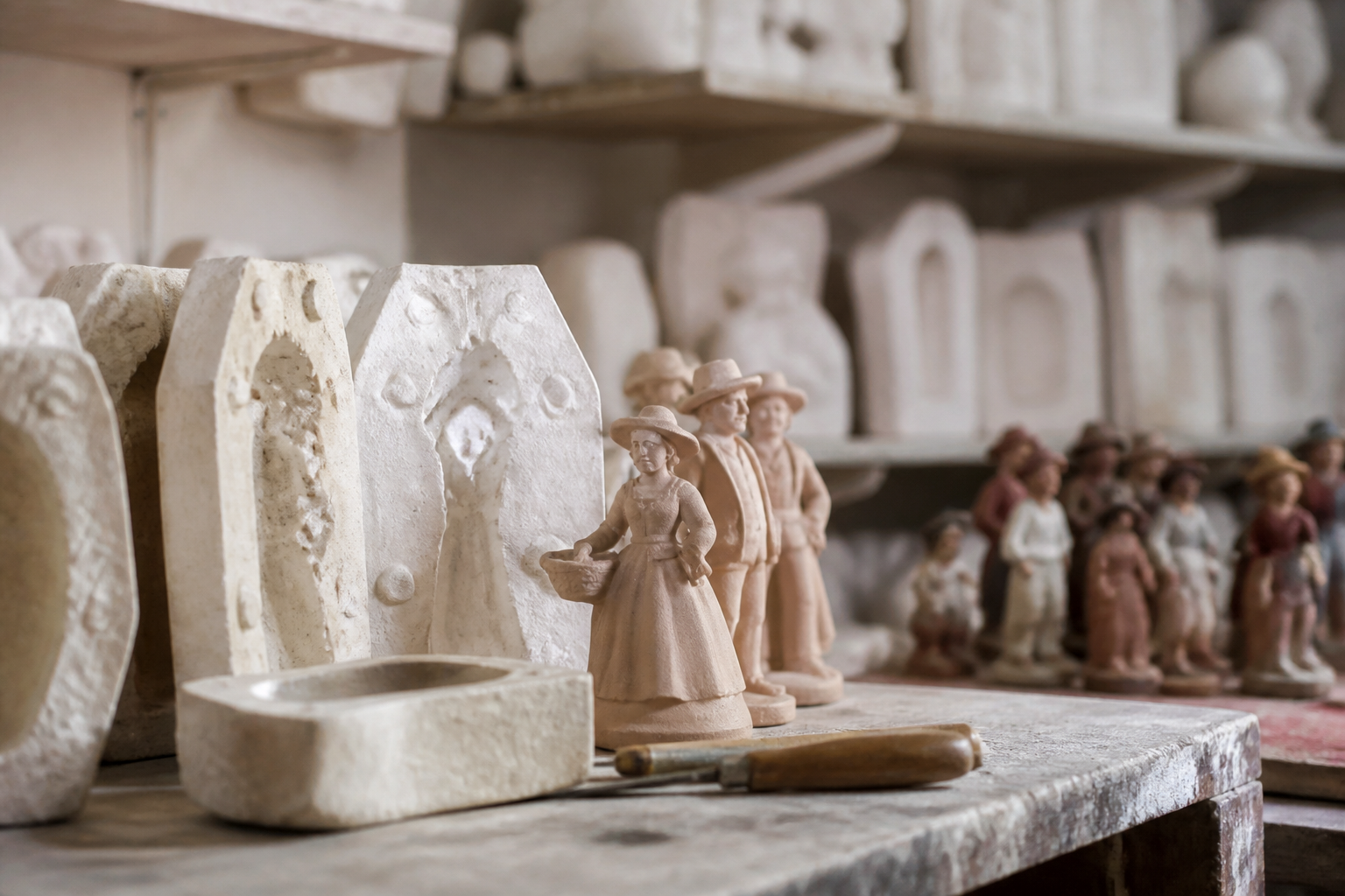 Atelier de santonnier : moules en plâtre, figurines d'argile en cours de séchage et pinceaux de peinture sur un établi