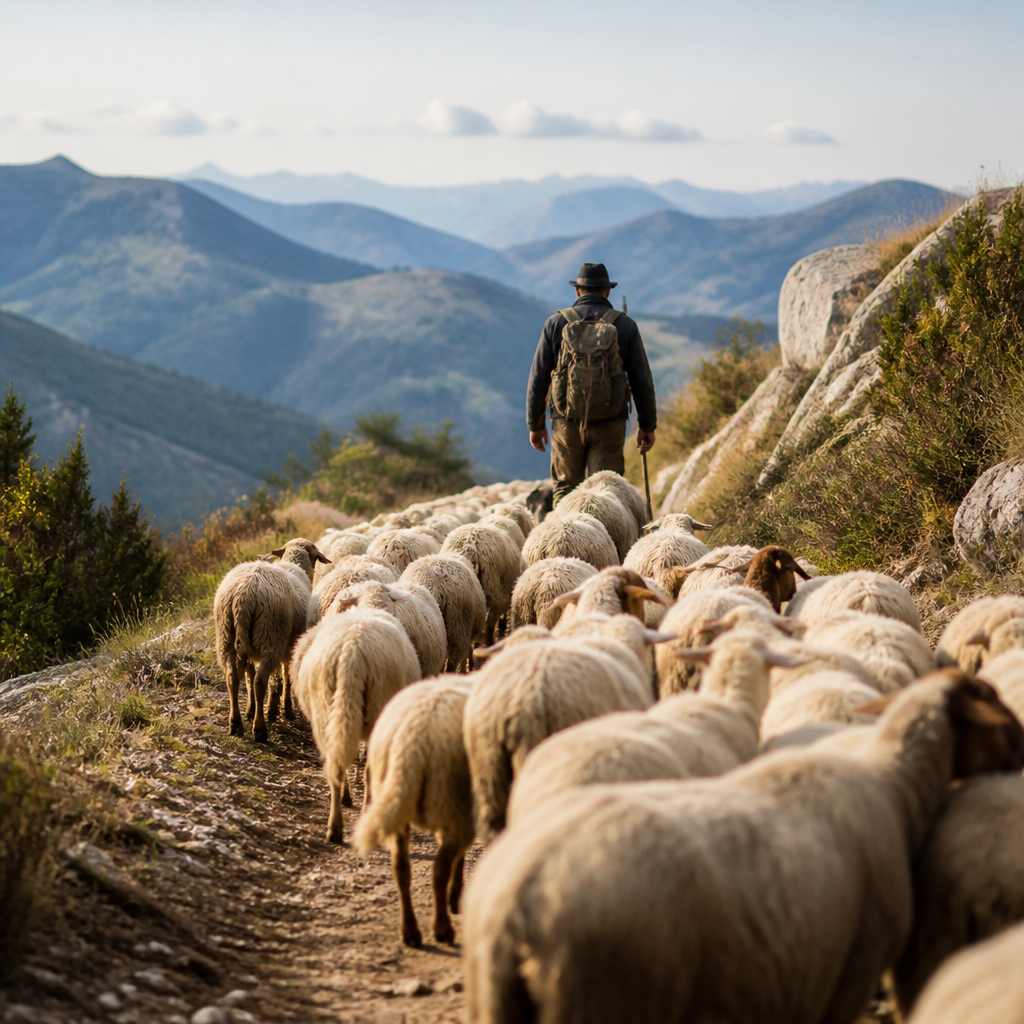 Troupeau de brebis conduit par un berger sur un chemin de montagne des Alpes-de-Haute-Provence, en début d'estive